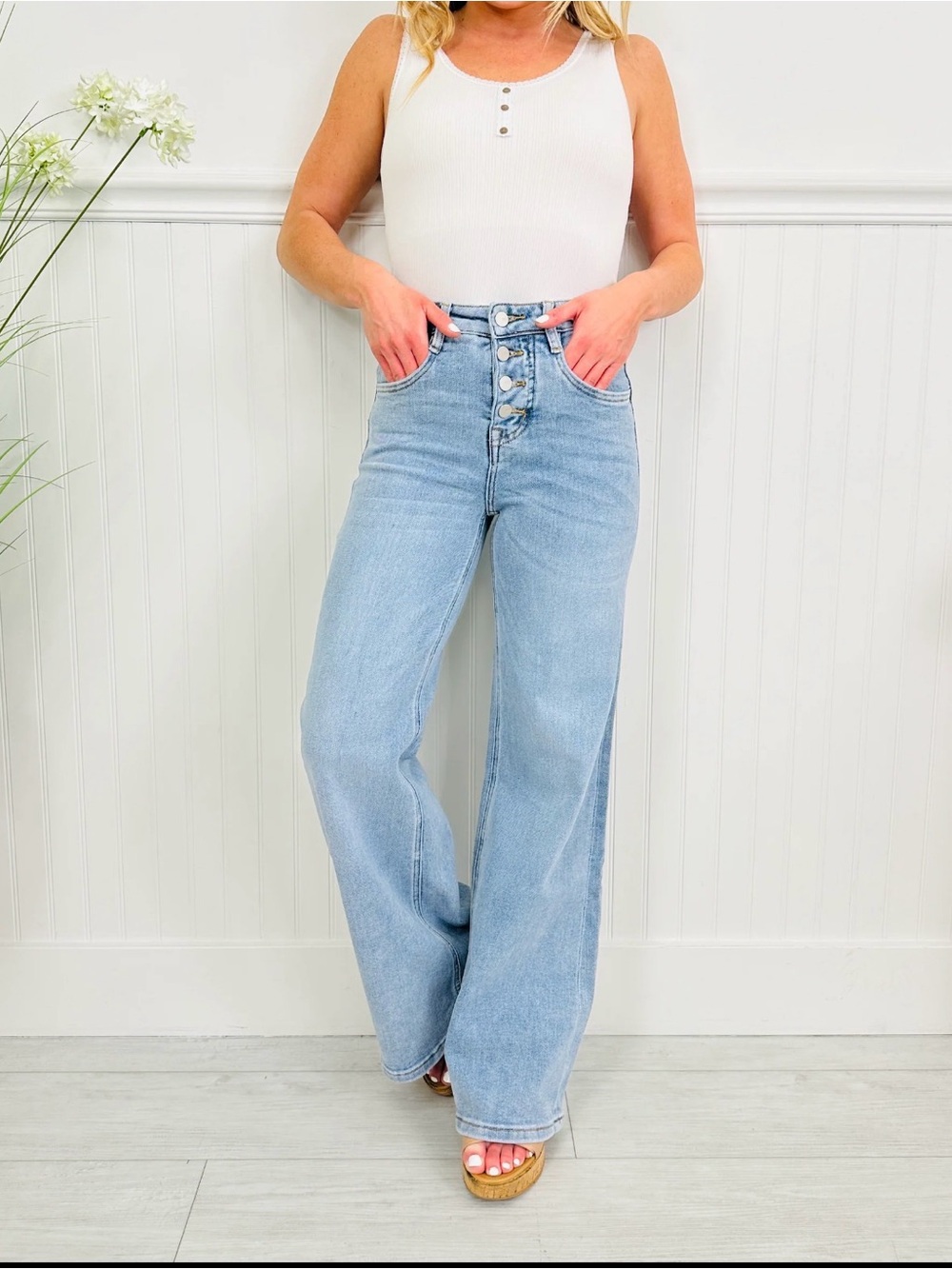 NWT  Light Blue High-Rise Wide Leg Jeans with Button-Fly